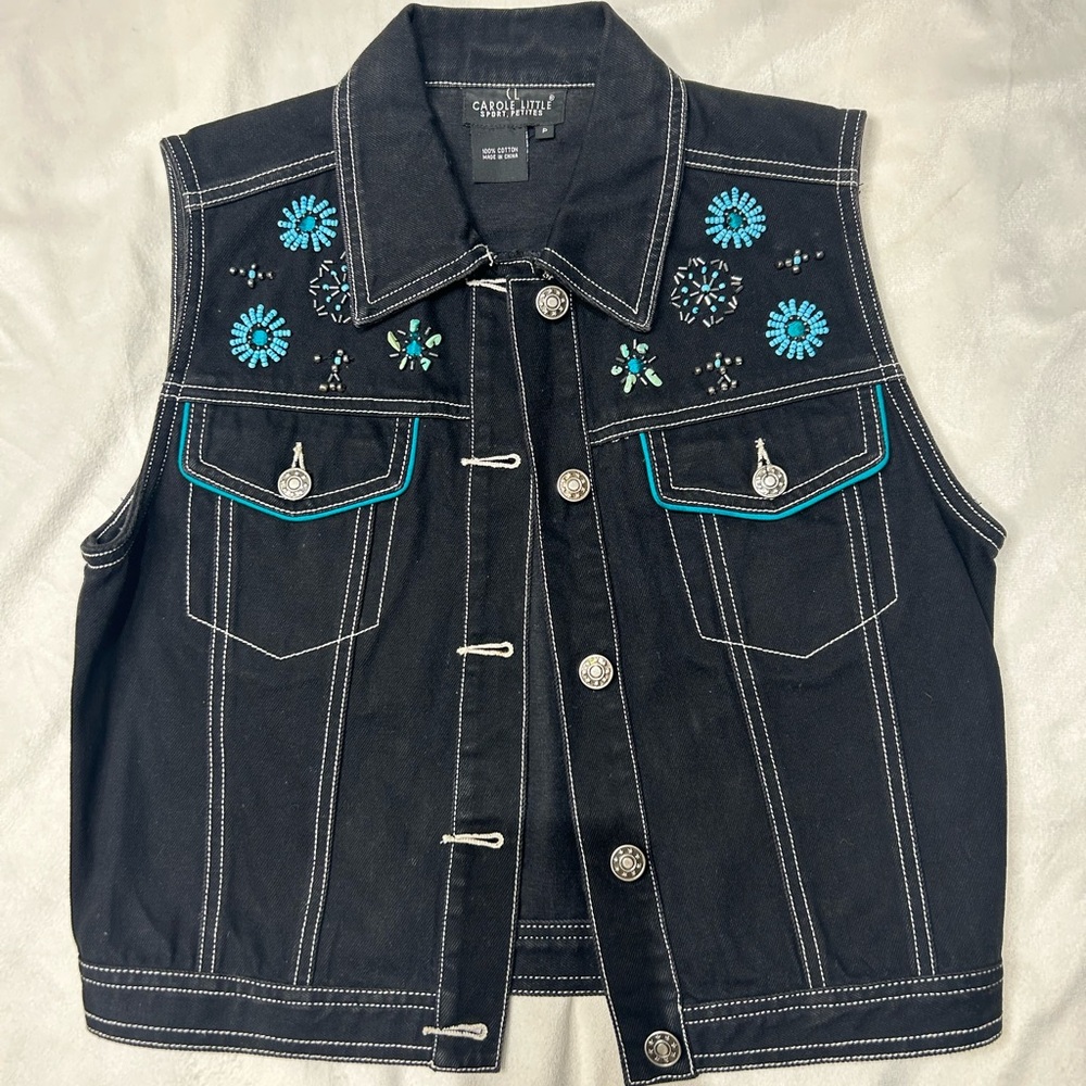 Carole Little denim beaded vest, size small (p), black / blue / turquoise